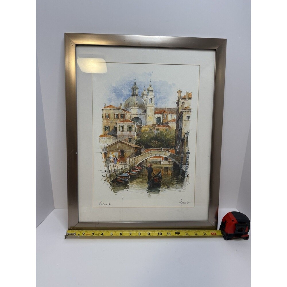 Framed Watercolor Signed print By‎ Detlev Nitschke Venice canal and gondolier